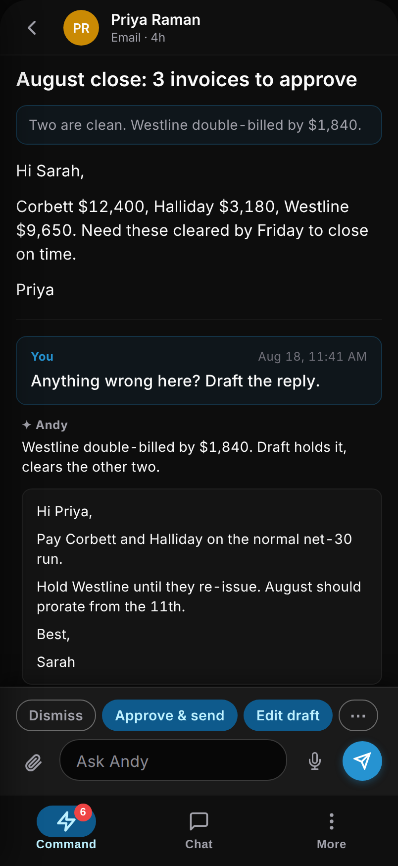 The Andy app on a phone: a supplier billing email expanded, with Andy's drafted reply written in the owner's voice and an approve and send button