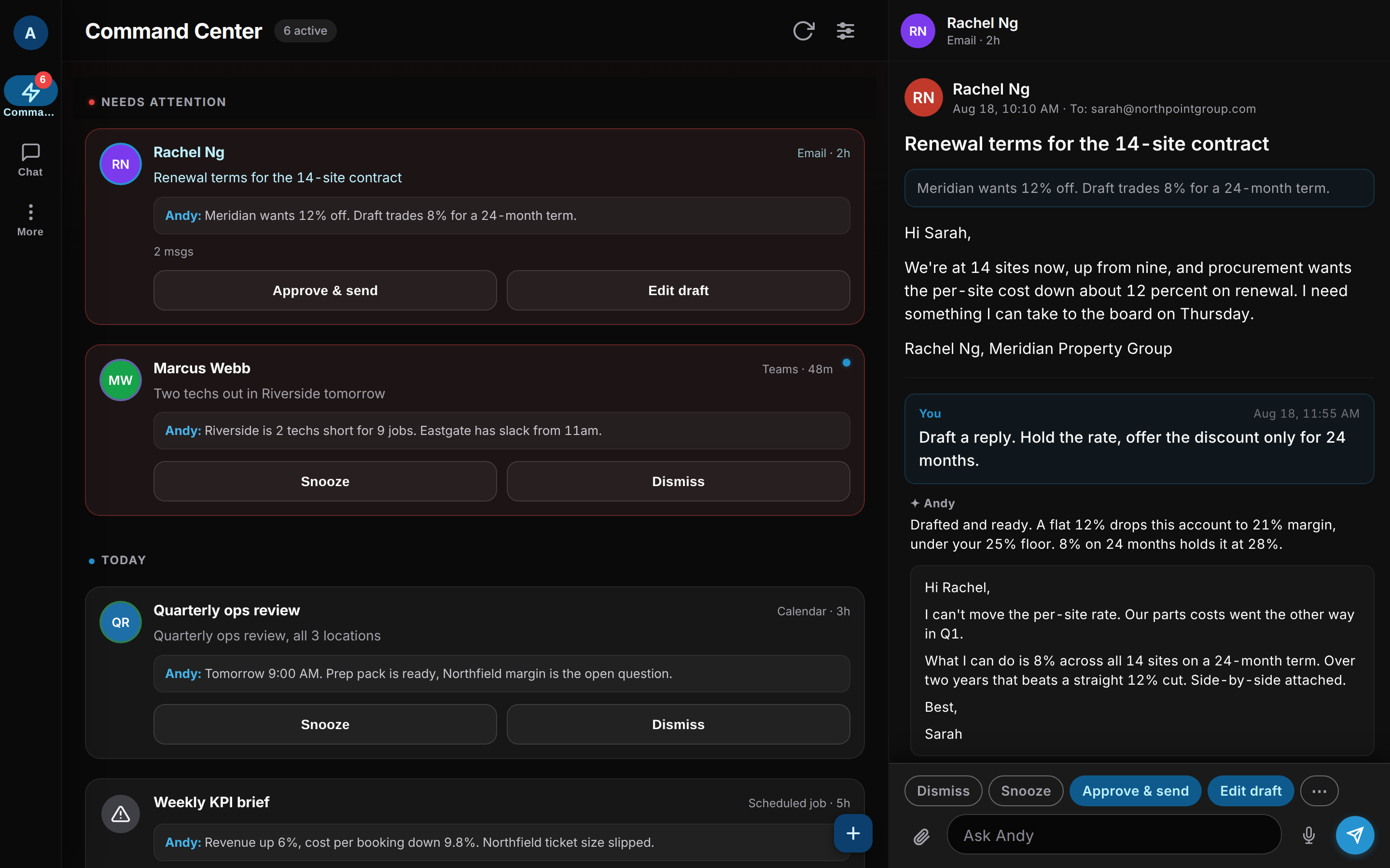 The Andy desktop Command Center: a triaged feed on the left, and on the right a customer email with Andy's drafted reply held behind an approve and send button
