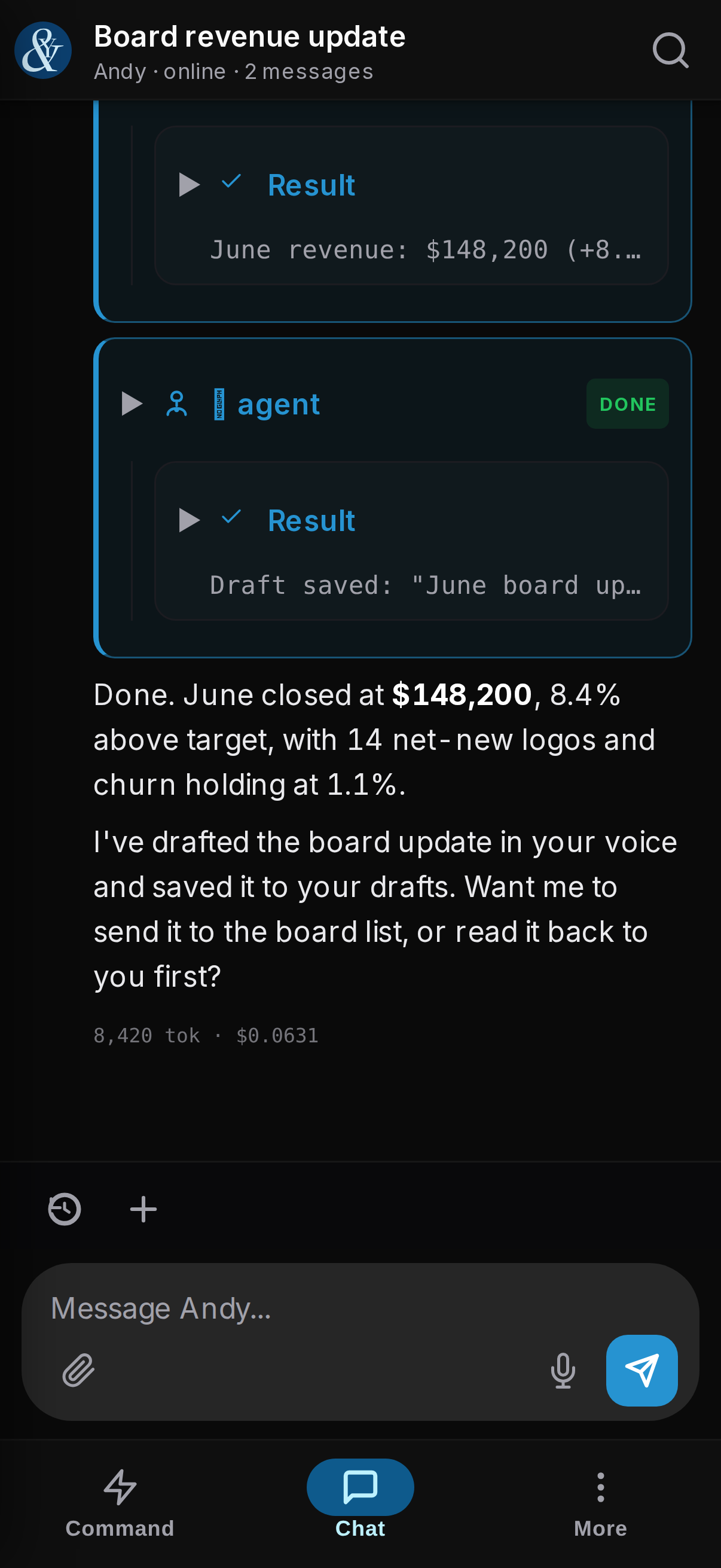 The Andy app chat: Andy pulling live June revenue against target and drafting a board update, each step marked done, holding the send for approval