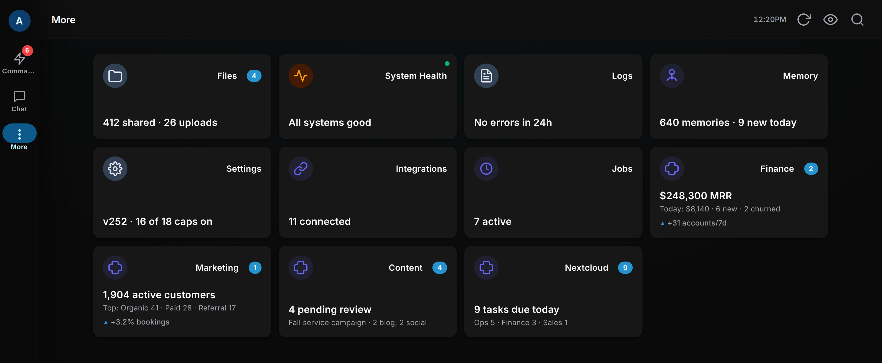 The Andy app home grid: tiles for files, health, logs, memory, settings, integrations and jobs, alongside the finance, marketing, content and Nextcloud modules, each showing a live number